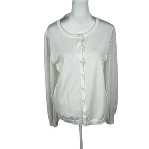 Adrianna Papell White Sheer Long Sleeve Sweater Cardigan Medium Romantic Buttons